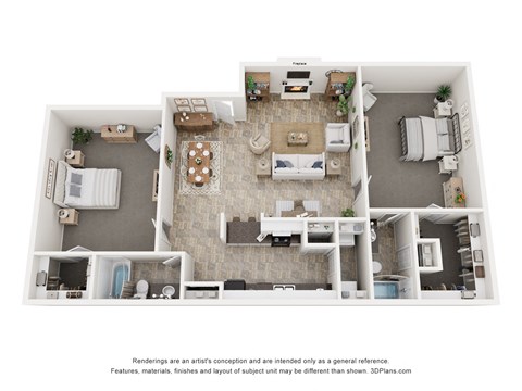 Floor plan for 2 beds, 2 baths, 1023 sqft